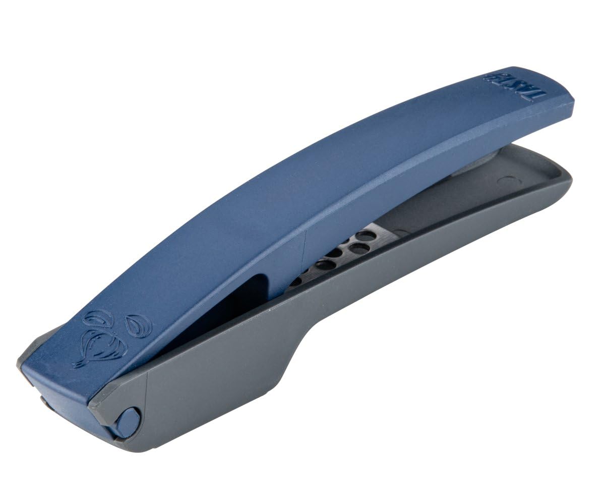 Tasty Premium Garlic Press, 3-Piece – Effortless Pressing, Fine & Coarse Adjustable, 17 x 3 x 4 cm, Plastic & Stainless Steel, Grey/Blue
