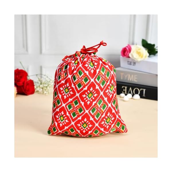 Kuber Industries Potli | Silk Wedding Potli | Drawstring Closure Potli | Wallet Potli | Christmas Gift Potli | Baby Shower Potli | Medium-Patola-Print Potli | 7x9 Inch | Pack of 6 | Red - Image 4