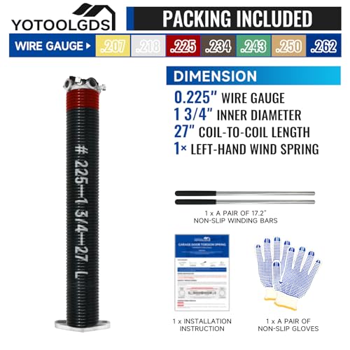YoToolGDS Left Hand Wind（Black Cone）1.75" Garage Door Torsion Spring with Non-Slip Winding Bars & Gloves, Precision Electrophoresis Black Coated, for Replacement, MIN 16,000 Cycles (0.225x1.75''x27'') - Thumbnail 2