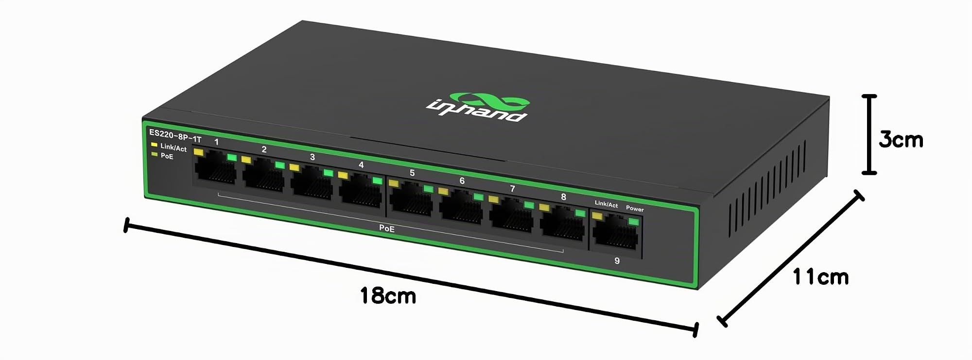 InHand Networks Switch di rete Gigabit,9 Porte Gigabit Porte con 8 PoE+ fino a 120W,ogni porta fino a 30 W,Plug & Play,scatola in metallo ad alta dissipazione del calore con spina di alimentazione EU