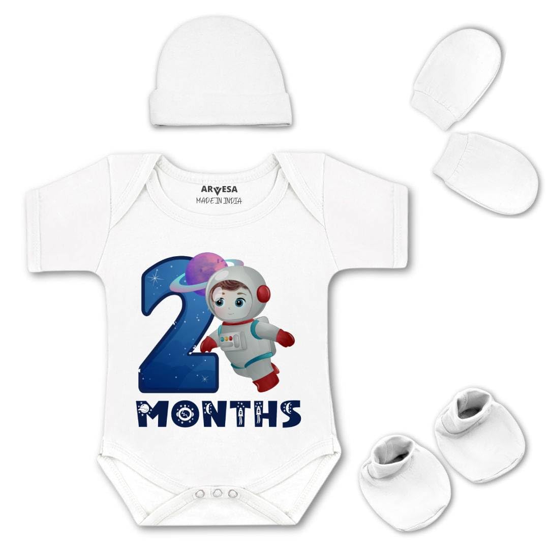 Two Month Monthly Milestone Birthday Unisex Romper Cap Booties and Mittens R-1010 Baby Romper Bodysuit for Newborns, 2 Month Baby Boy Girl Dress Clothes for Photoshoot