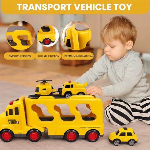 Image of Mini Explorer 5 in 1 Construction Carrier Trucks Toys for 2 3 4 5 Years Old Boys, Toddlers 2-4 Years with Crane, Mixer, Pushdozer and Excavator, Car Toys Birthdays Gift