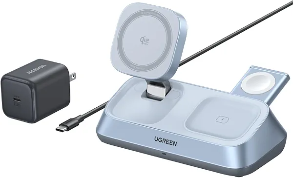 UGREEN 25W Qi2 Certified 3-in-1 Magflow Wireless Charging Stand, Magsafe Fast Wireless Charger for iPhone 17/16/15/14/13/12, AirPods and Apple Watch, Desk Stand with Adjustable Angle