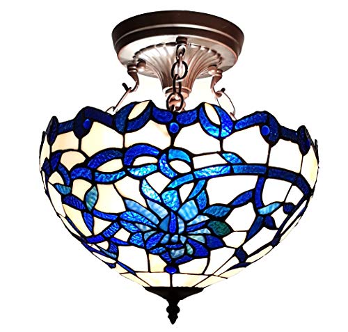Warehouse of Tiffany TF473-14CL Vayne Blue/White 2-Light Stained Glass Bowl Shade Tiffany-Style Semi Flush Mount