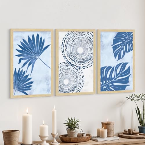 Image of ArtX Paper Boho Leaf Paintings For Wall Decoration, Abstract Home Decor Wall Art, Hotel Wall Painting for Living Room, Multicolor, Natural Wood Color Frames, 12.0x18.0 inch, Set of 3