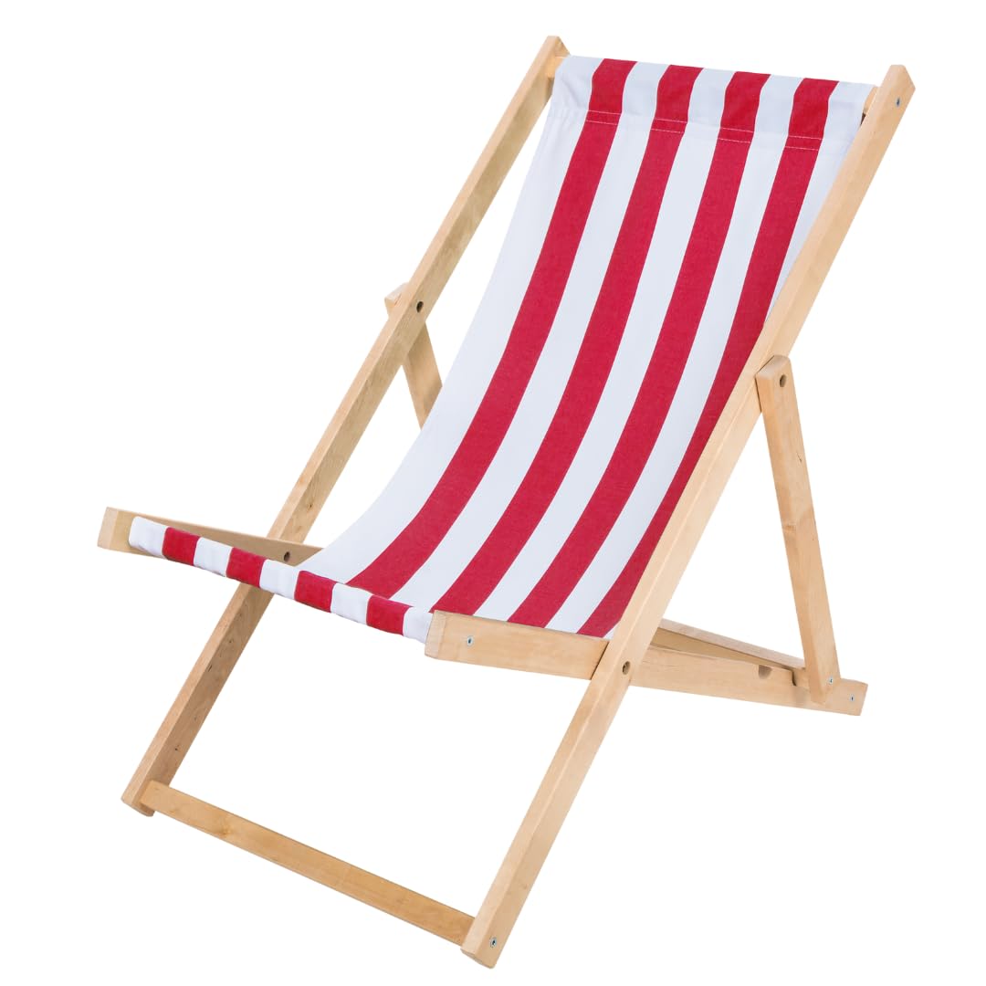 IMPWOOD Tumbona plegable de madera de haya, hasta 120 kg, silla plegable de madera para balcón, playa, terraza y camping, tumbona de jardín, tumbona de playa (rayas rojas y blancas)