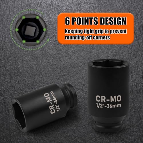Image of 36mm Socket 1 /2 inch Drive Deep Impact Metric Socket,CR-MO 6 Point for Easy Removal of Axle Nut
