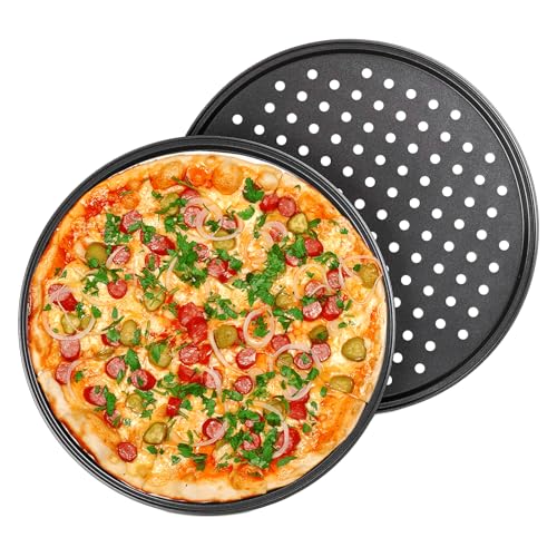 ORAGKE Pizzablech & Lochblech Ø 32 cm, Pizzablech Rund 2er Set Carbonstahl, Pizzaform Antihaftbeschichtet, Backblech Rund für Pizza & Flammkuchen, Pizza Blech Hitzebeständig bis 230°C, Schwarz
