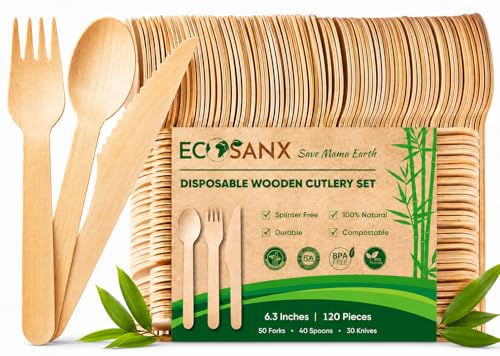 10 Best Biodegradable Bamboo Cutlery That Are Eco-Friendly Essentials 4 ECOSANX® Disposable Wooden Cutlery Set (120 pcs)