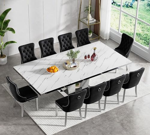 Image of 11-Piece Extendable Dining Table Set for 10, Modern 63 inch-94 inch White Faux Marble Expandable Kitchen Table Set with 10 Velvet Chairs,Large Extendable Dining Room Tables w /Mirrored Columnar Base