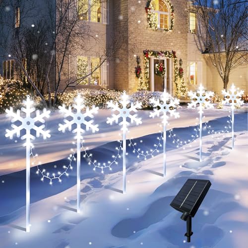 6 Pack Solar Snowflake Pathway Lights, Large Christmas Outdoor Waterproof Decorations, LED With 8 Lighting Modes for Walkway, Garden, Yard, Patio, Driveway Stake, White