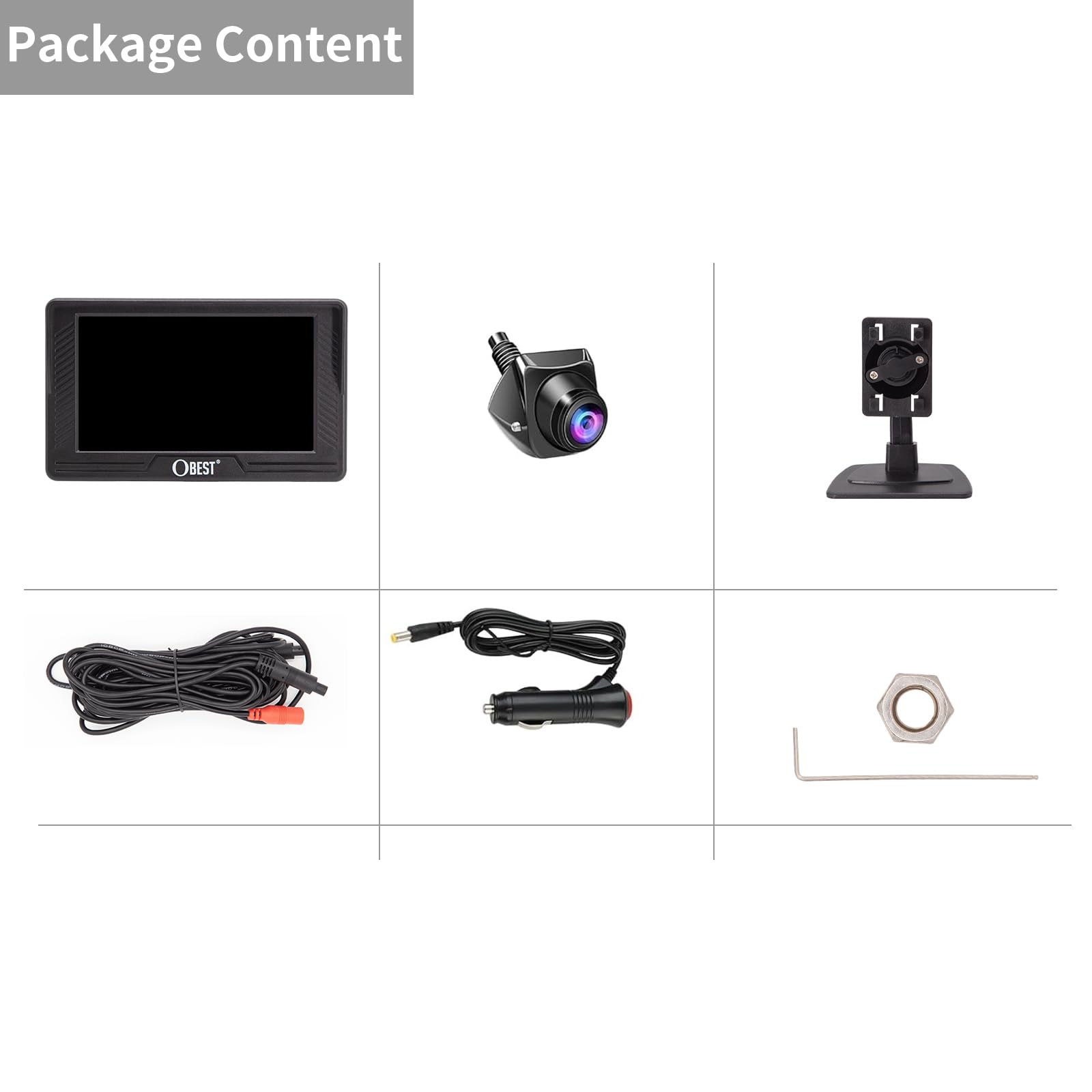 OBEST Zestaw samochodowej kamery cofania AHD z monitorem 4,3 cala, tylną kamerą parkingową 1080P, noktowizorem, obrotem 360°, szerokim kątem 170° i zestawem ekranów do przyczep kempingowych 12V