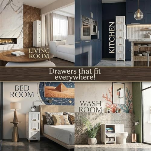 Image of Multipurpose Foldable Drawer Cabinet Organizer - Plastic Storage Cupboard with Double Door & Wheels | Clothes Rack, Kids Wardrobe for Home, Kitchen, Office (Ivory Drawer) 3 Layer