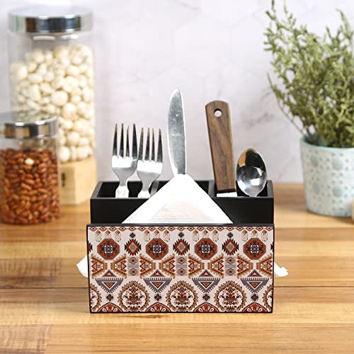 Image of Reinvention Factory Wooden Cutlery Holder I Countertop Organizer - Spoon Fork Knife Napkin Tissue Paper I Desk Supplies Pencil Pen Stationery Stand I Home & Kitchen I Size 7 inch X 5 inch X 4 inch (Folk Ornament)