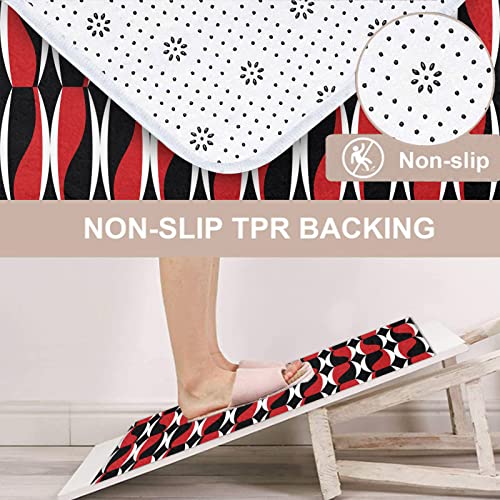 Red Black Geometric Shower Curtain Set With Toilet Lid Cover And Non-Slip Rugs, Zigzag Chain Round Wave Simple 4 Pcs Shower Curtain For Bathroom, Modern Abstract Bathroom Decor #TOP6