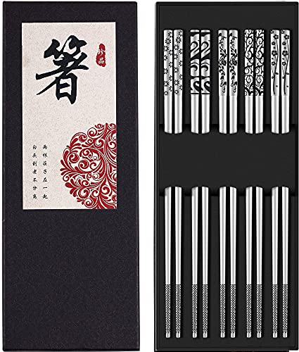 Palillos de metal reutilizables de acero inoxidable 304, aptos para lavavajillas, paquete múltiple con patrón grabado láser, palillos ligeros y reutilizables para comida japonesa, coreana, china,