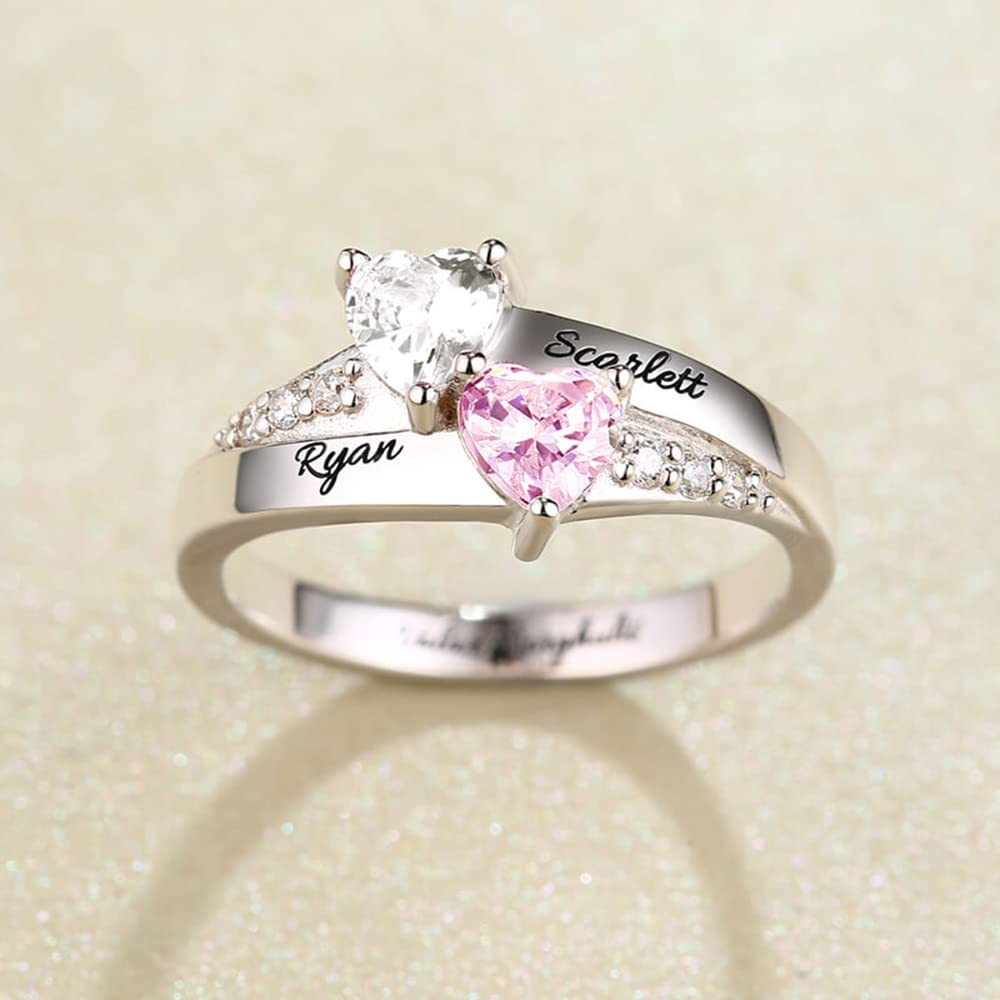 BYFDIY Anillo personalizado para madres con 1-8 piedras natales en forma de corazón de imitación y nombre grabado, anillos de promesa de plata de ley 925, joyería personalizada, anillo de compromiso