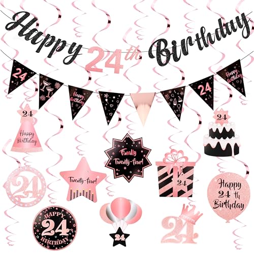 Image of 24th Birthday Decorations for Women Rose Gold Pink Pre Strung Happy 24th Birthday Banner and Hanging Swirls 24 Year Old Party Decorations Supplies