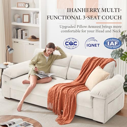 Image of Ihanherry 90.5 inch Modern Sofa 2-Seater Couch for Living Room, Chenille Pillow-Armrest with Extra Large Seat Width, USB /Type-C Charging Port & Side Pocket, Removable Medium Firm Cushion(Beige)