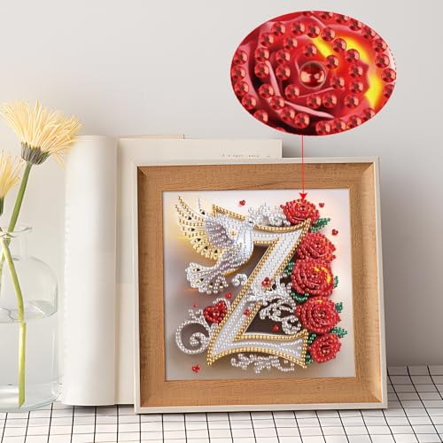 Image of AiYuanzsh 5D Diamond Art Kits for Adults Letter Z, Zesty Rose & Dove Alphabet Special Shape Diamond Painting, Luxury Diamond Art Craft for Home Decor and Valentine's Day Gift 17x17cm