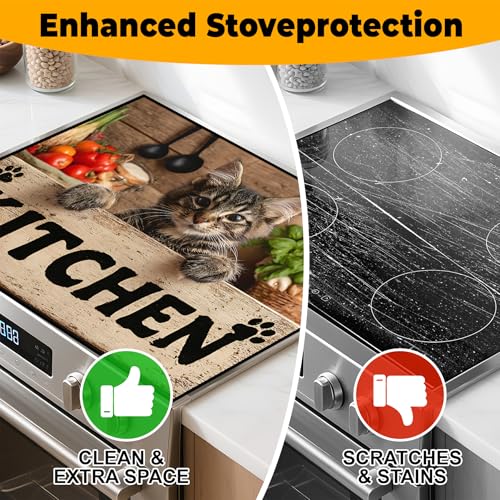 Image of Stove Top Cover Retro Flower Gas Stove Top Cover for Home Decoration Kitchen Pad Non-Stick Washable Cooktop Covers Countertop Protector Keep Stove Clean 28 inchx20 inch (Kitchen cat)