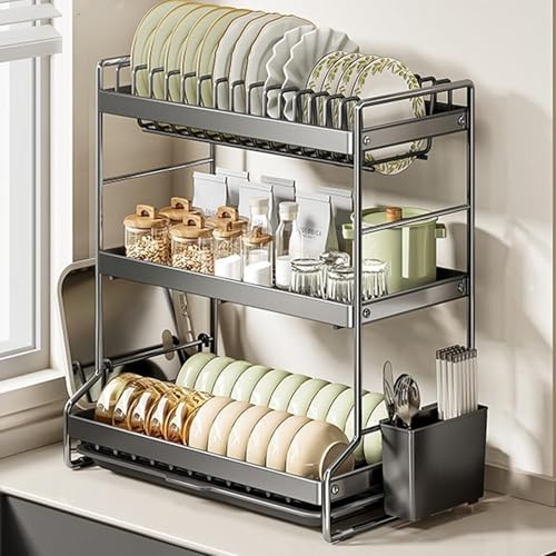 CARTMA ステンレス 3段 大容量 食器水切りラック ディッシュラック (ブラック3層)