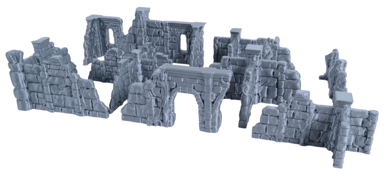 Überwucherte Ruinen-Wände für Tabletop - 28mm Fantasy Gelände freistehend, 3D-Druck aus PLA, Zubehör für Miniaturen, D&D, Conquest & Warhammer 40k, Grau