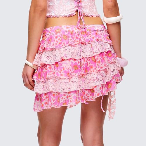 Women Floral Lace Patchwork Mini Skirt Y2k Low Rise Ruffle Pleated Short Skirt Tiered A Line Flowy Streetwear3