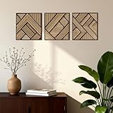 Tatuo 3 Pcs Geometric Wood Wall Art Decor, Modern Slatted Wood Design Wall Sculpture Panels with 3D Hollow Craft Art, Boho Abstract Decor for Living Room Bedroom Bathroom Home Office Kitchen