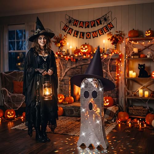 Sintuff Silver 20 Inch Giant Halloween Disco Ghost Decor with Witch Hat Ghost Party Decoration Glitter Halloween Decor Disco for Spooky Party Funny Prop Indoor Outdoor Gardens Yard Lawn Decoration