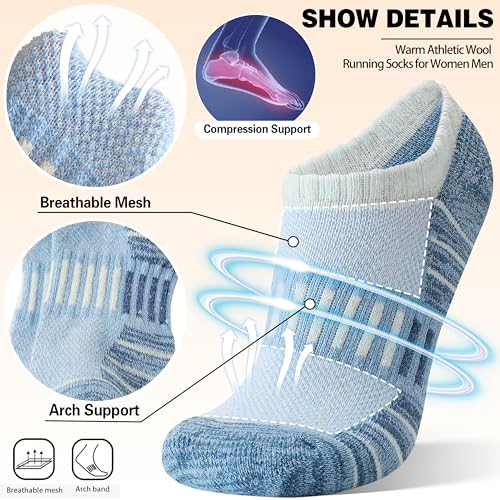 Image of Merino Wool Ankle Athletic Running No Show Socks Cushioned Breathable Sports Warm Thick Socks for Men and Women 6 Pairs