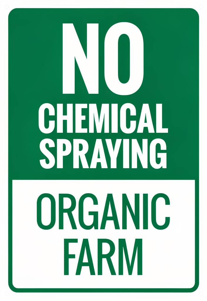 peiyeety No Chemical Spraying Organic Farm Tin Sign 12x8 Inch, Green and White Metal Warning Sign, Farm Garden Yard Wall Decor, Rustic Agricultural Notice Plaque for Home Decor or Gift