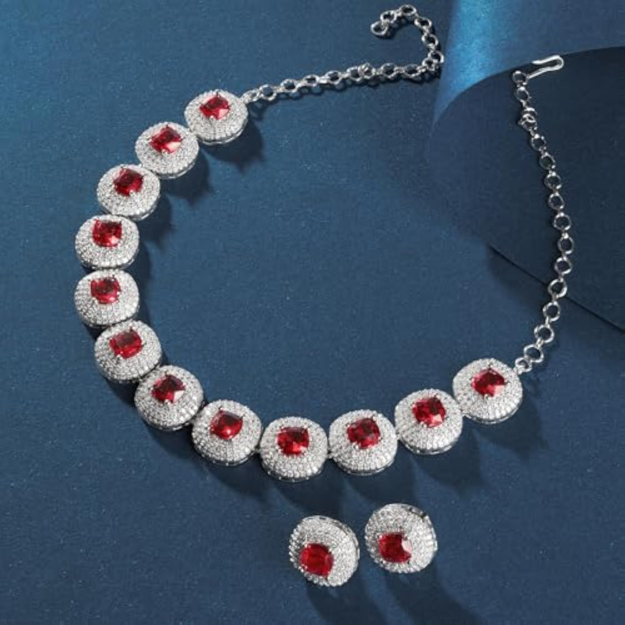 Celeste Silver Red Stone Necklace Set