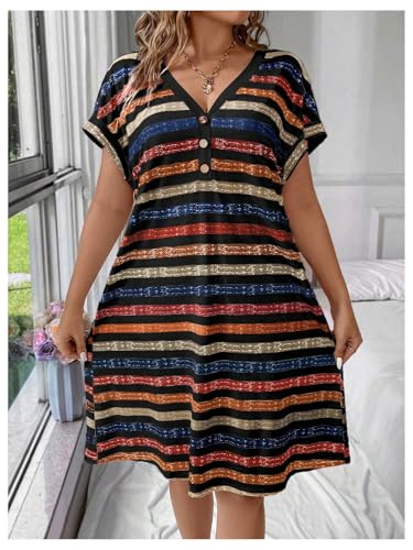 Image of SOLY HUX Women's Plus Size Summer Dresses Short Sleeve Striped Sundress V Neck Beach Vacation Short Dress