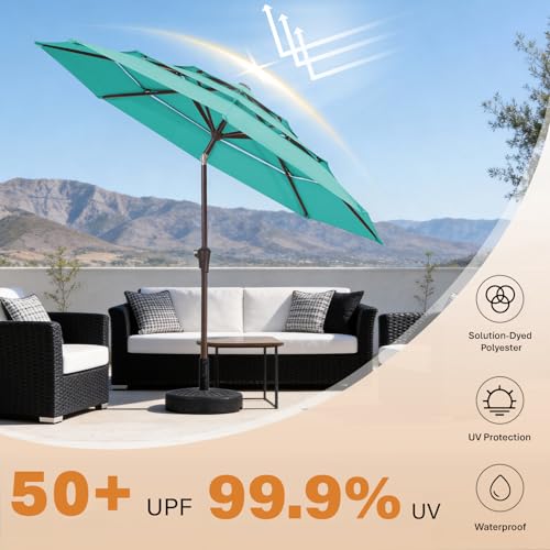 Image of JEAREY 9FT 3 Tier Patio Umbrella Outdoor Market Umbrella Table Umbrellas with 8 Ribs 1.5 Pole Push Button Tilt and Crank UV Protection for Garden,Peacock Blue