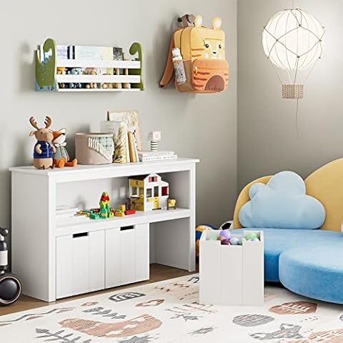 FOTOSOK Toy Storage Cabinet with 3 Movable Drawers, Floor Storage Organizer with Hidden Wheel & Large Open Bookhelf, Organizer Chest for Playroom, White Cover