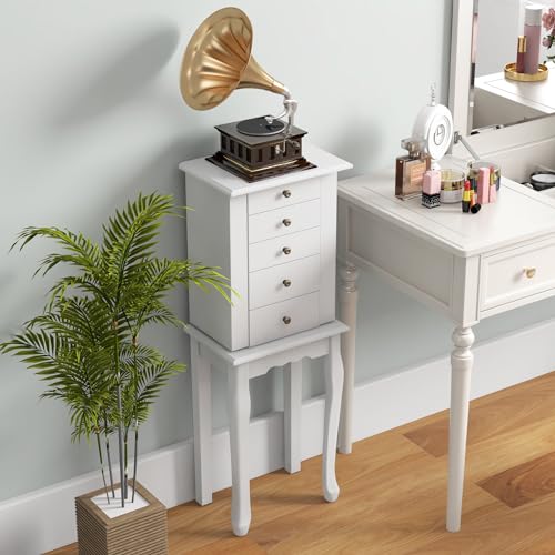 Giantex GX56419WH-WH Jewelry Cabinet Armoire Chest With 4 Drawers, Flip Top Mirror, Top Storage Compartments, 2 Side Doors With 8 Necklace Hooks, 2 Shelves, White Standing Jewelry Organizer Box thumb #8