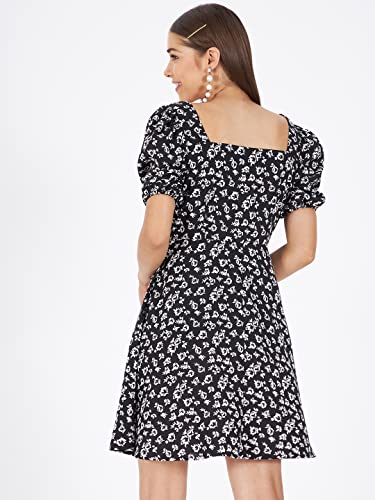 Image of KIBO Casual Stylish Black Floral Polyester Dress for Women