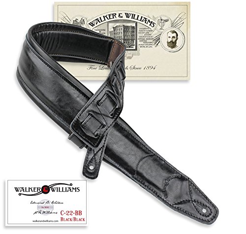 Walker & Williams C-22-BB Sangle rembourrée en cuir pour guitare acoustique, électrique et basse Noir, Noir - Les Beatles, Paul McCartney, John Lennon, RIngo Starr, George Harrison Walker & Williams C-22-BB Sangle rembourrée en cuir pour guitare acoustique, électrique et basse Noir, Noir