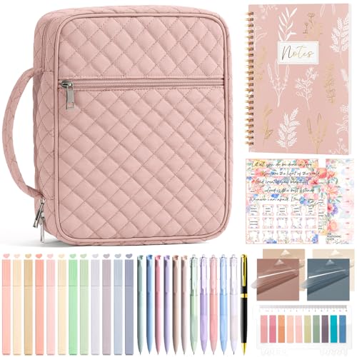 Bible Cover Case for Women Large Bible Bag Bible Study Supplies Journaling Kit Quilted Church Bag with Handle Puffer Book Carrying Case w/Tabs Accessories Kit Christmas Christian Gifts for Women Mom