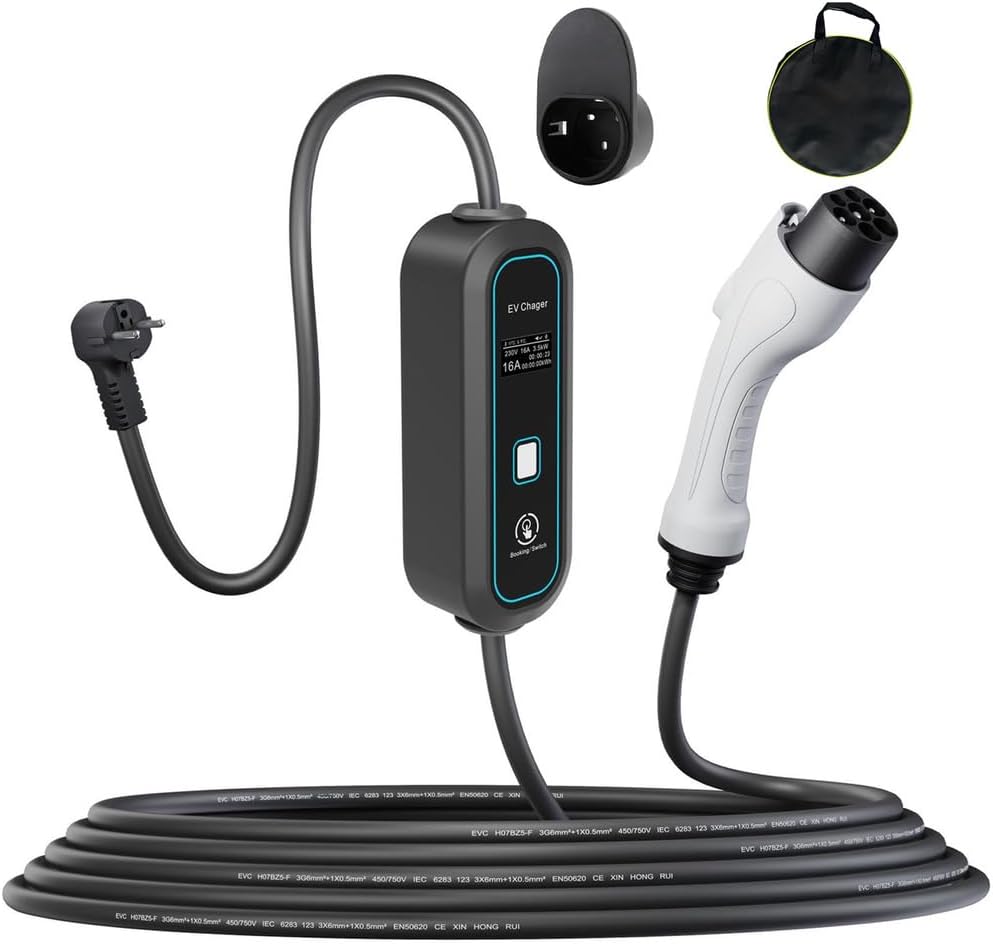 Cable de carga tipo 2 EV 3.5KW con corriente ajustable 8A-16A Estación de carga móvil/Cable de carga Wallbox tipo 2 con pantalla LED/Retraso de temporizador de 1-10 horas/Bolsa para hogar y viajes,5m