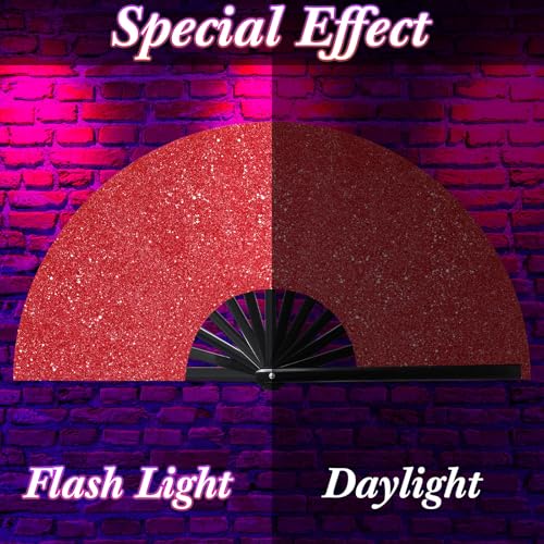 Image of Vercraft 13'' Large Rave Fan for Women Rave Accessories Festival Outfits Glitter Hand Folding Clack Fan for Line Dancing EDM Music Festival Outfits(Red)