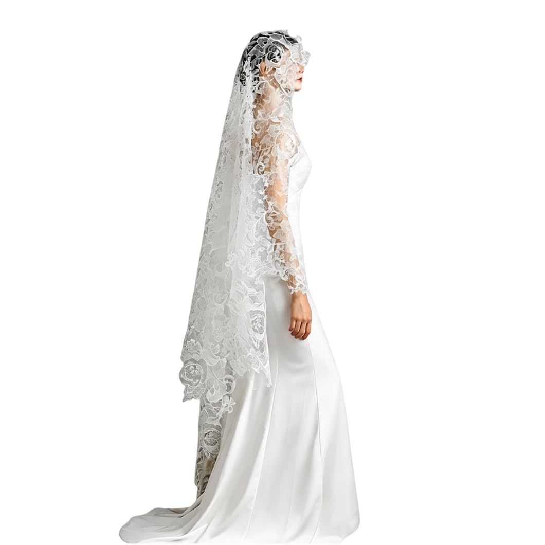 Velo de novia blanco roto de una capa con encaje calado 150x130cm