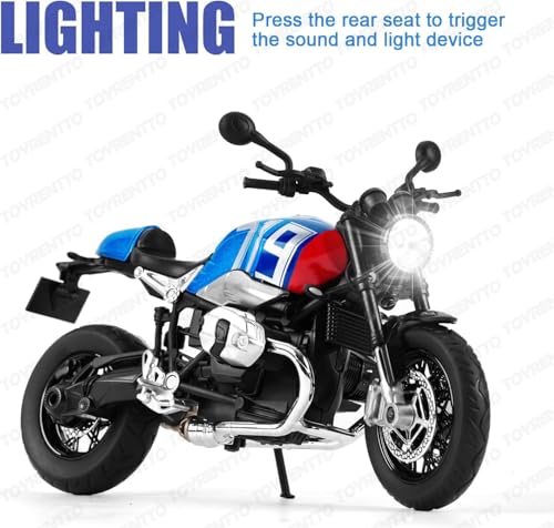 Image of 1:12 Scale BMW R NineT Die-Cast Bike Model with Light & Sound - Pull Back Toy Motorcycle for Kids & Collectors Blue