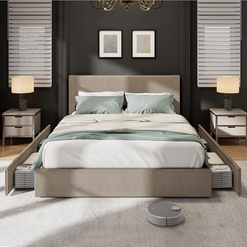 GarveeHome Bed Frame, King Size Platform Bed with 4 Storage Drawers, Upholstered Corduroy Channel Tufted Headboard Bed Frame with Strong Wooden Slat Support, No Box Spring Needed, Brown Brow