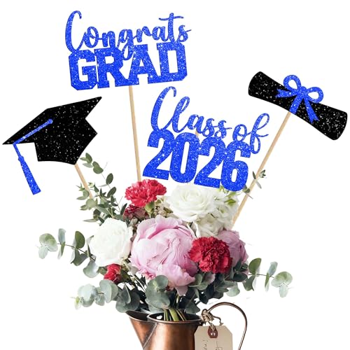Class of 2026 Centerpieces Sticks for Graduation 16 Pcs Graduation Decorations Cake Toppers Graduation Theme Party Decorations Supply (Black-Blue)