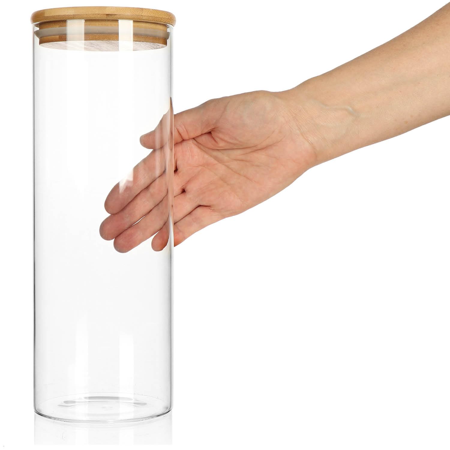 2x Barattoli con coperchio in bambù 1800ml - barattoli per alimenti in vetro borosilicato rinforzato - barattoli ermetici - barattolo rotondo riutilizzabile 1.8L (02 pezzi - 1800 ml)