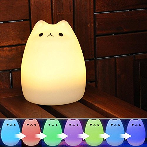 Umiwe Cute Kitty LED Children Night Light Kids Silicone Cat Lamp 8 Single Colors and 7-Color Flashing USB Rechargeable Lighting, Warm White Light - Thumbnail 4