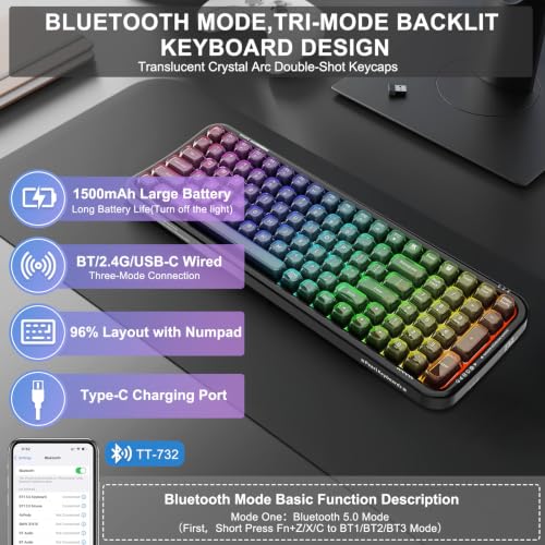 Image of FOPETT Wireless Computer Keyboard with RGB Backlit, Tri-Mode Bluetooth 5.0 /USB-C /2.4GHz Ergonomic Gaming Keyboard - Full-Size Rechargeable Transparent Keycap for Laptop /Windows /PC - Black