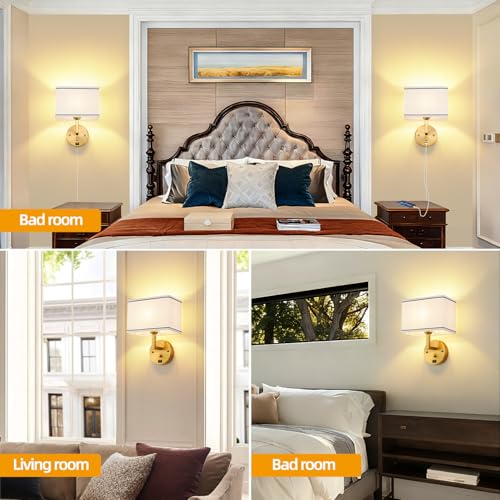 Image of 9.5 inch Wall Sconce with Plug-in Cord, USB Charging Port & Dimmer Switch, White Fabric Rectangular Shade Wall Mounted Lamp for Bedroom, Living Room, Hallway (Gold Finish)
